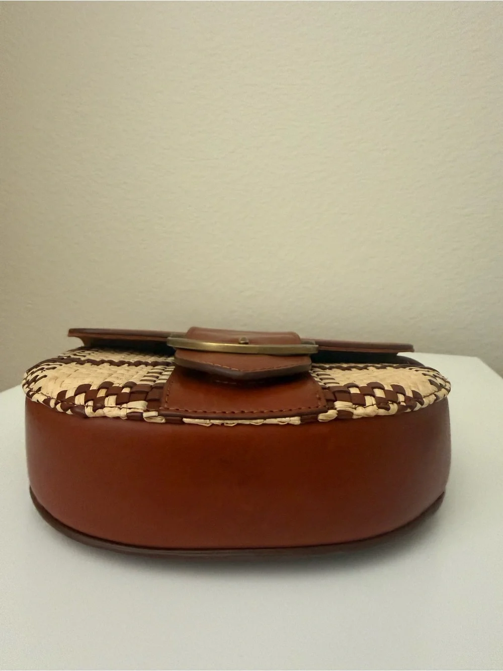 Sézane Brown and Cream Woven Leather Crossbody T Sac Raphia Camel